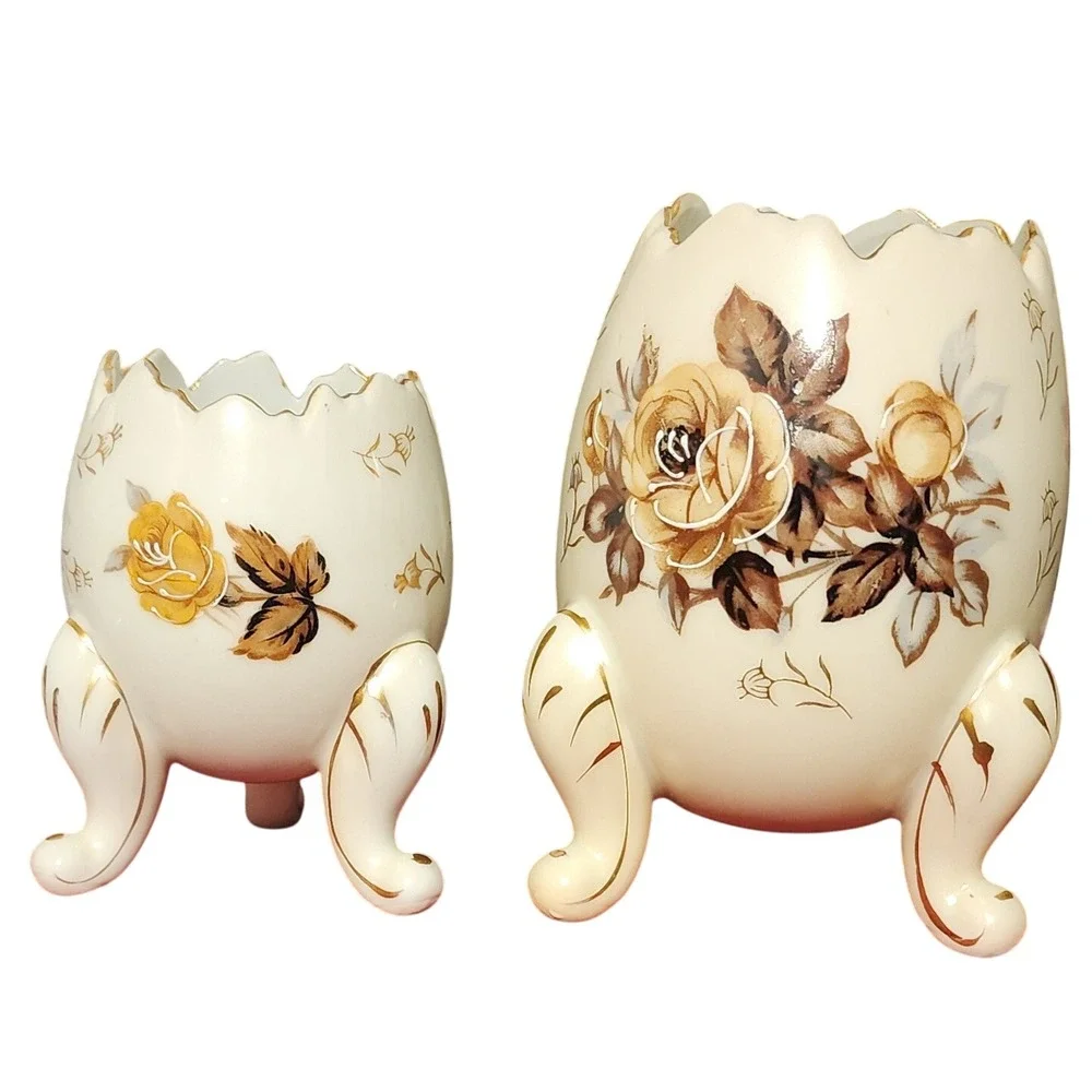 VTG Napcoware Vase Porcelain Egg Shaped 3 Footed Planters Set Floral Rose Decor